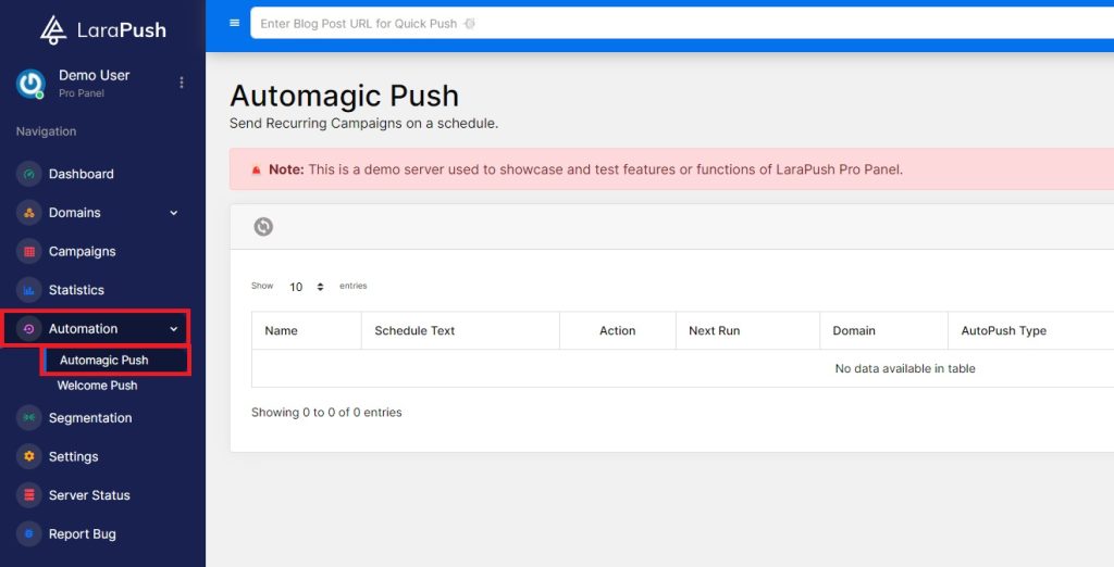 Click on the Automation option on the left sidebar and then select the Automagic Push option